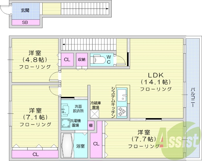3LDK、無料駐車場、エアコン、灯油暖房