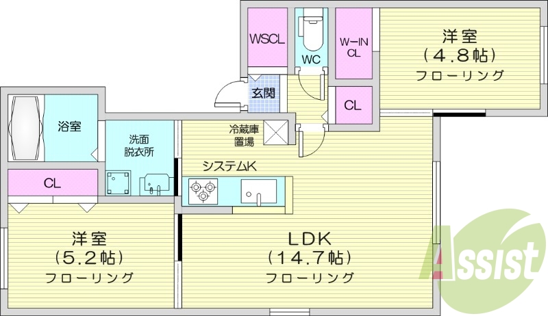 2LDK、浴室乾燥機、エアコン、灯油暖房、独立洗面台