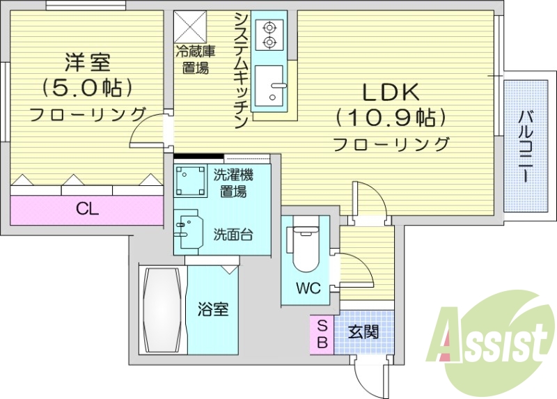 1LDK、都市ガス、エレベータ、対面システムキッチン