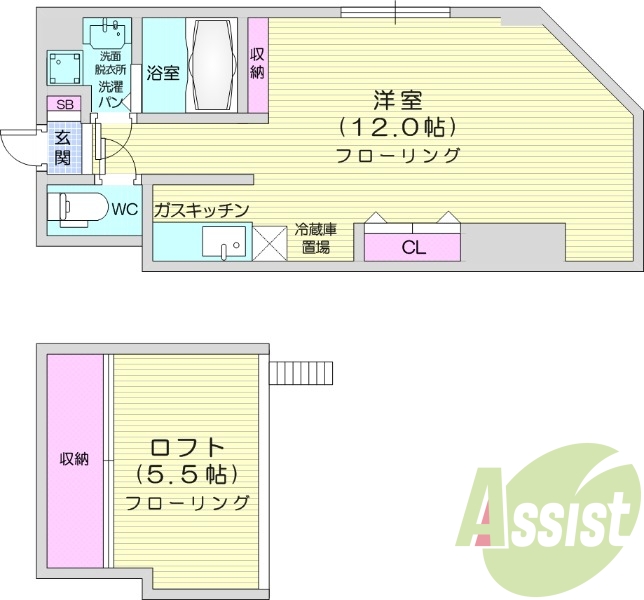 1R、シャワートイレ、ロフト付き、シューズボックス