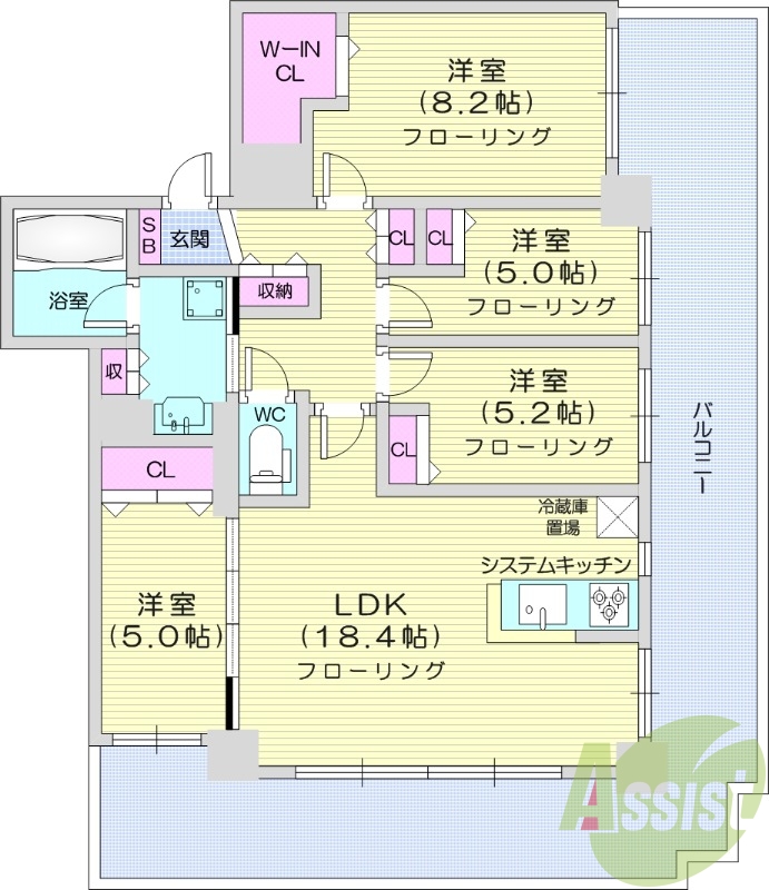 4LDK、分譲、システムキッチン、都市ガス、2面バルコニー
