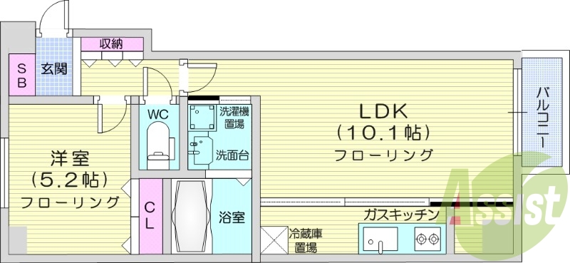 1LDK、角部屋、都市ガス、システムキッチン、エアコン
