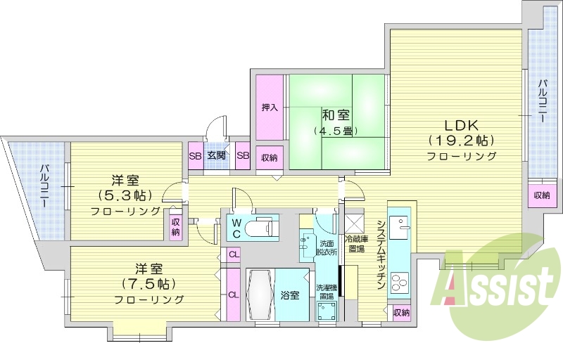 3LDK、灯油セントラル給湯、対面式キッチン、バルコニー