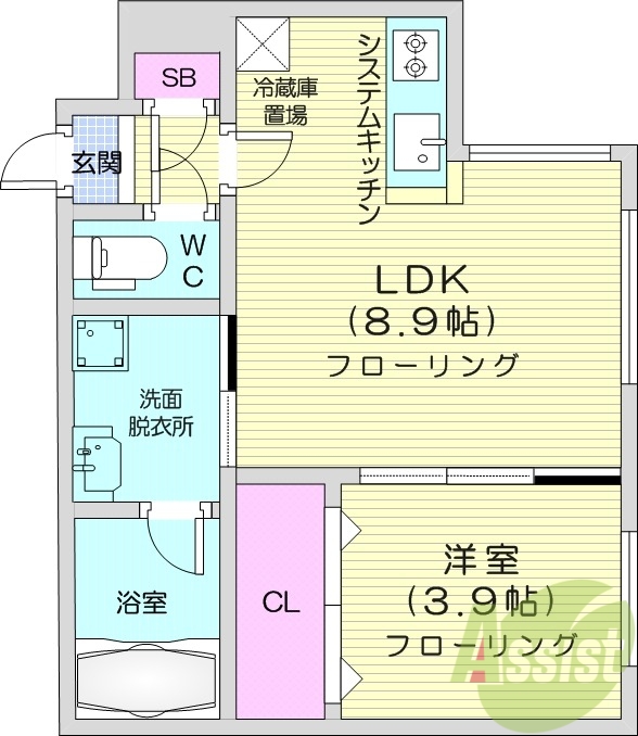 1LDK、都市ガス、エアコン、浴室乾燥機、システムキッチン