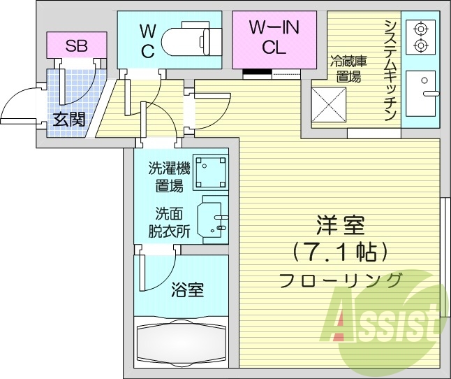 1K、都市ガス、エアコン、浴室乾燥機、システムキッチン