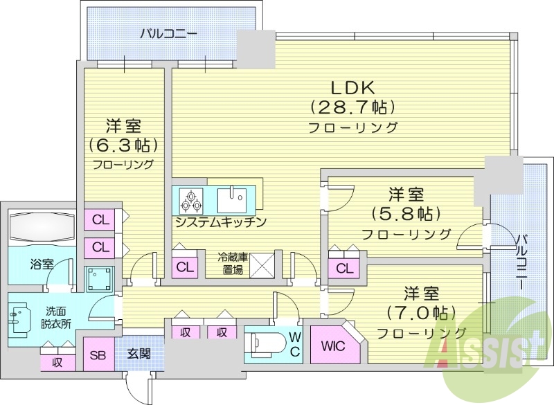 3LDK、システムキッチン、シャワートイレ、追い焚き
