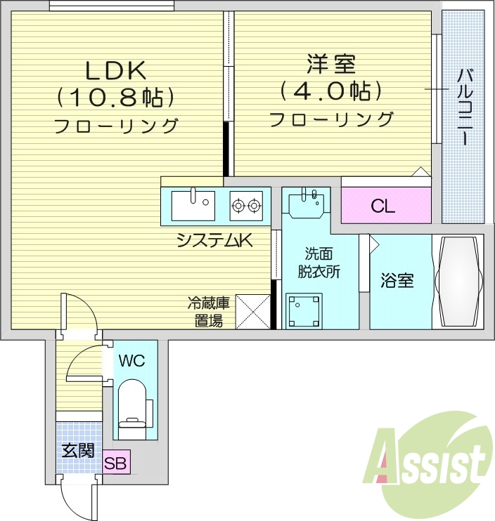 1LDK、都市ガス、浴室乾燥機、エアコン、システムキッチン