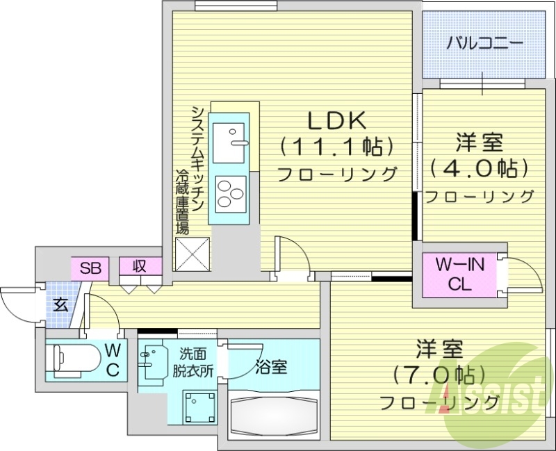 2LDK、エアコン、都市ガス、床暖房