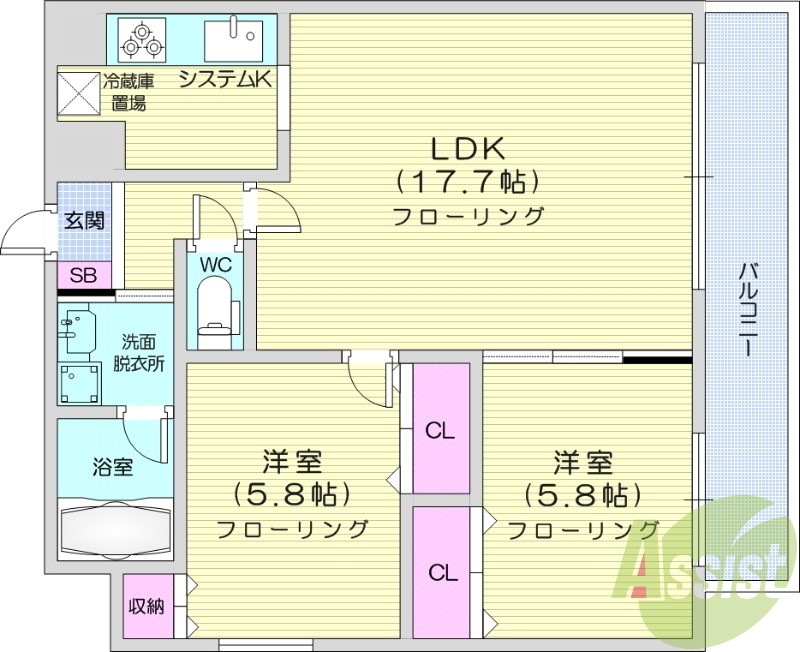 2LDK、収納、バストイレ別、洗面脱衣所、オートロック