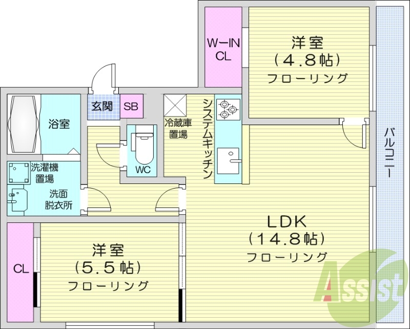 2LDK。都市ガス、エアコン、追い焚き、システムキッチン