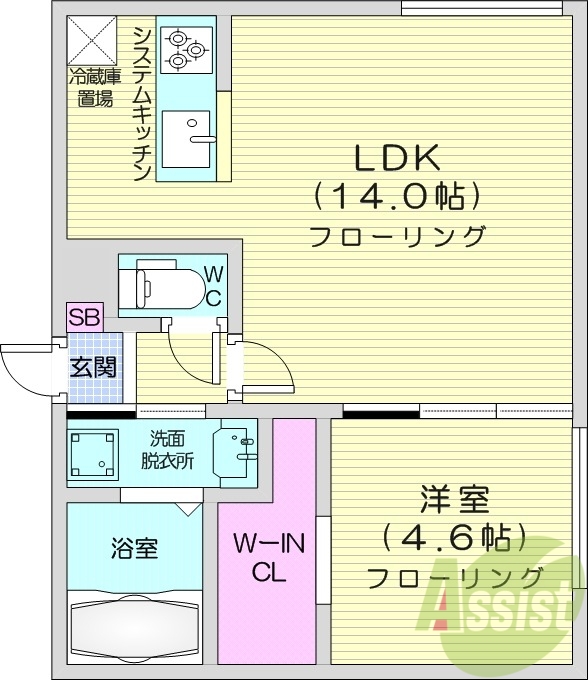 1LDK、都市ガス、エアコン、追い焚き、システムキッチン