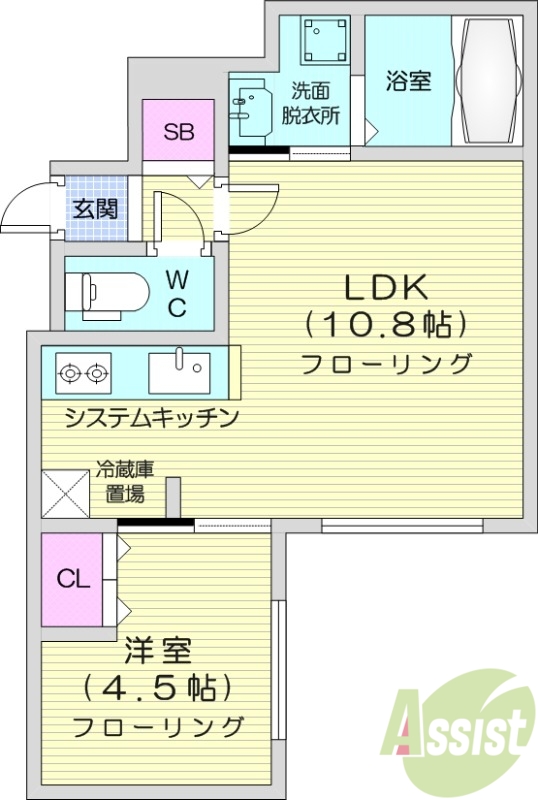 1LDK、都市ガス、エアコン、システムキッチン、ネット無料
