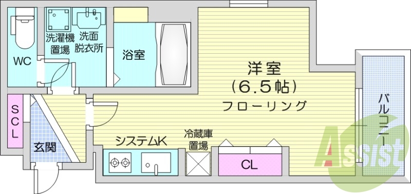 1K、都市ガス、エアコン、システムキッチン、ネット使用料不要