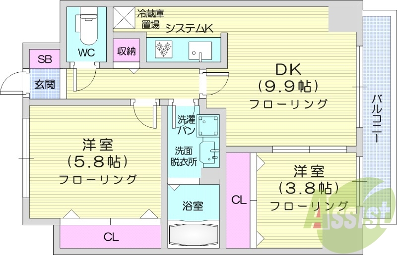 2DK、システムキッチン、クローゼット、