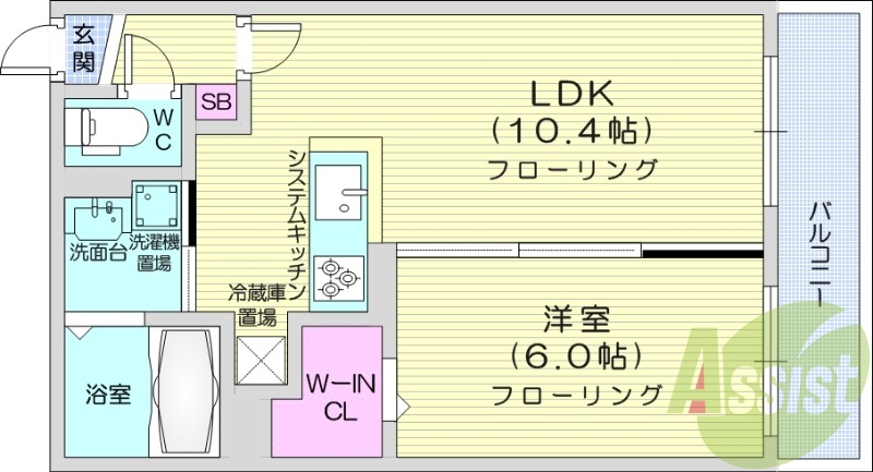 1LDK、都市ガス、独立洗面台、システムキッチン