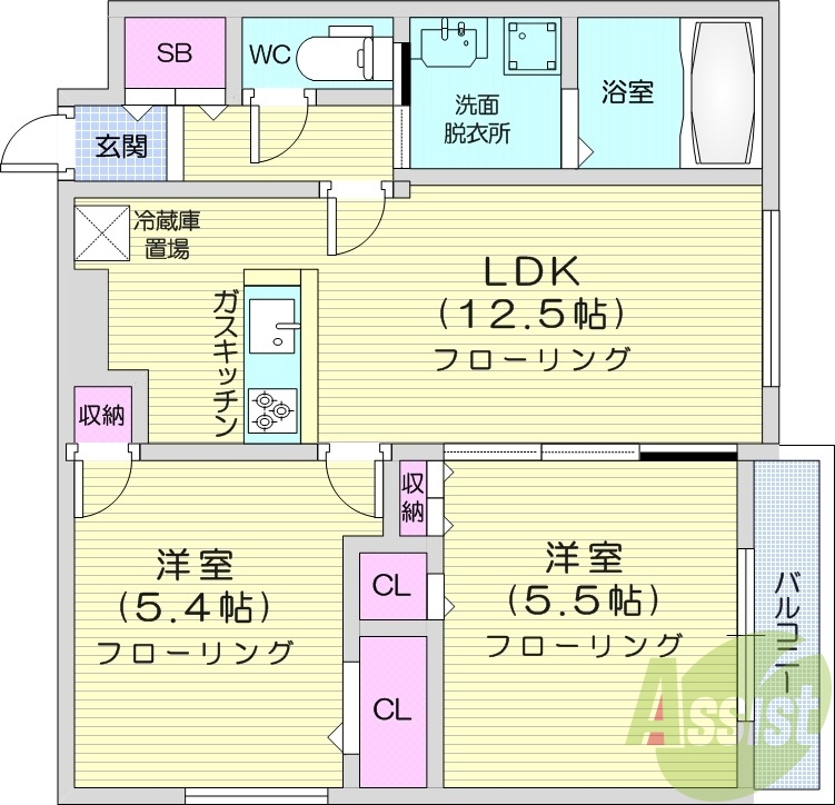 2LDK、収納、洗濯機置場、暖房設備、都市ガス