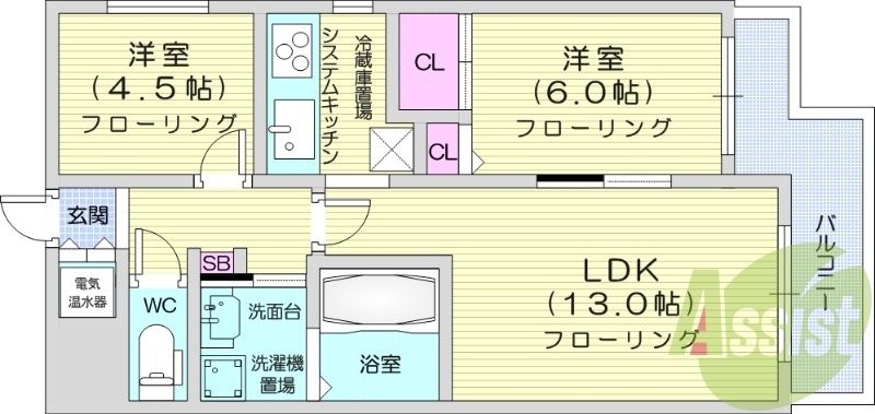 2LDK、エアコン、独立洗面台、システムキッチン、オール電化