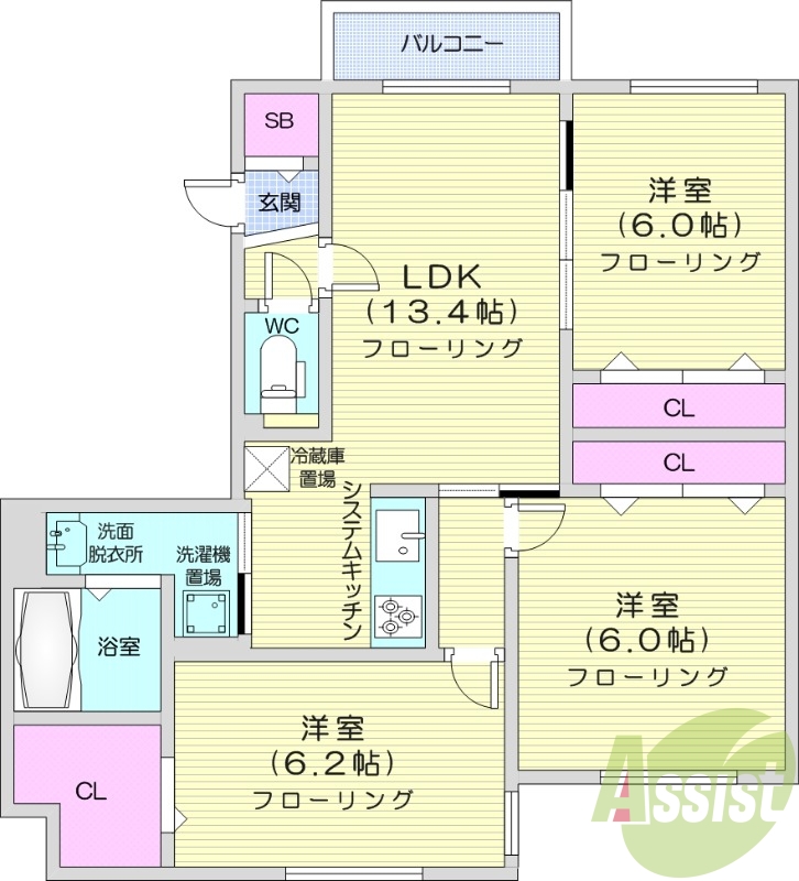 3LDK、エアコン、追い焚き、システムキッチン、一坪バス