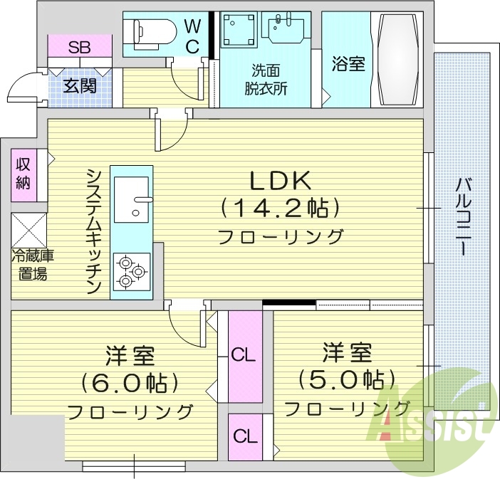 2LDK、収納、洗濯機置場、暖房設備、都市ガス