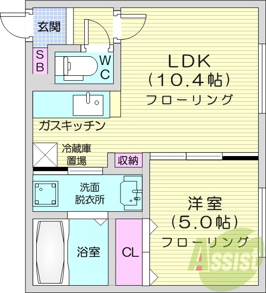 1LDK、都市ガス、TV付インターホン、ガス暖房