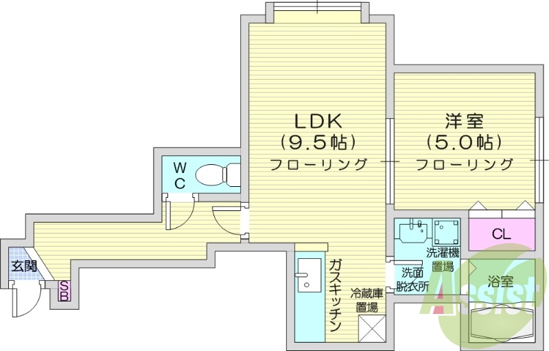 1LDK、灯油暖房、インターネット無料、脱衣所