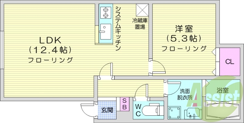1LDK、エアコン、灯油暖房、独立洗面台、システムキッチン