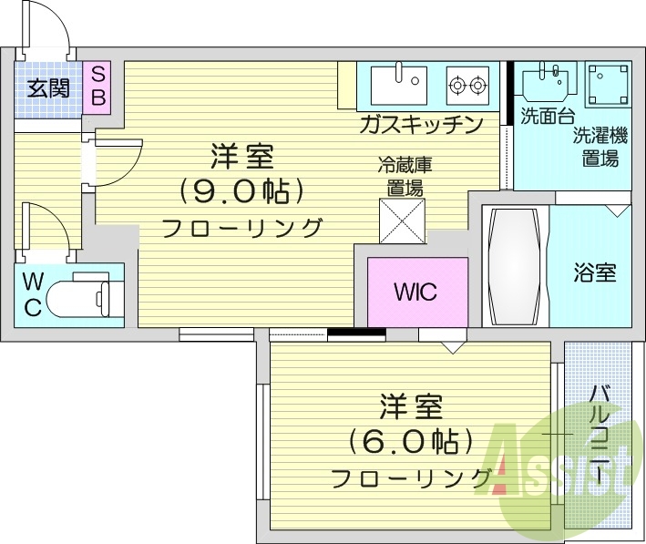 1LDK、都市ガス、エアコン、システムキッチン