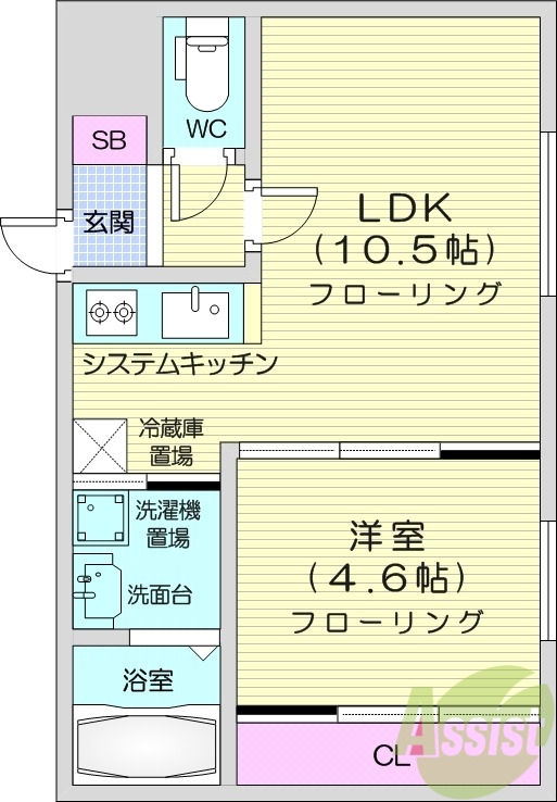 1LDK、システムキッチン、エアコン、都市ガス