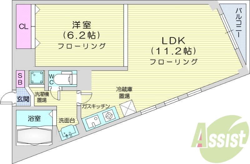 1LDK、都市ガス、角部屋、インターネット無料
