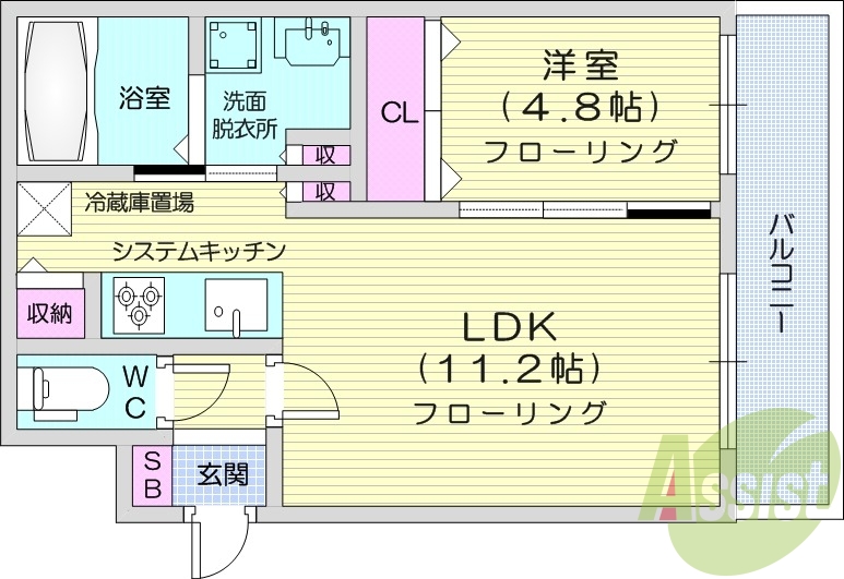 １LDK、システムキッチン、シャワートイレ、エアコン