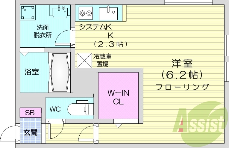 1K、エアコン、灯油暖房、オートロック、システムキッチン
