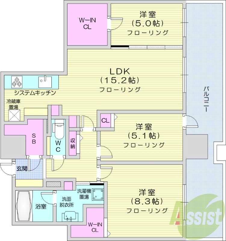3LDK、都市ガス、オートロック、システムキッチン