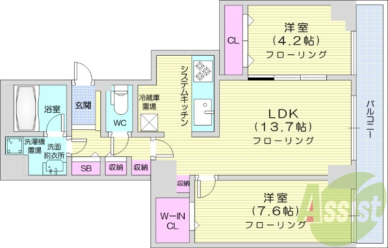 2LDK、オートロック、都市ガス、システムキッチン