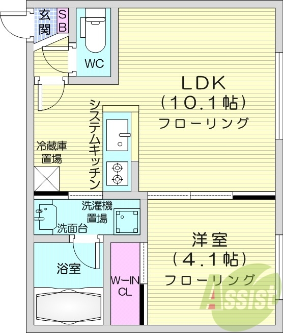 1LDK、都市ガス、オートロック、システムキッチン