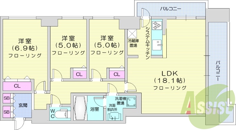 3LDK、都市ガス、システムキッチン、追い焚き