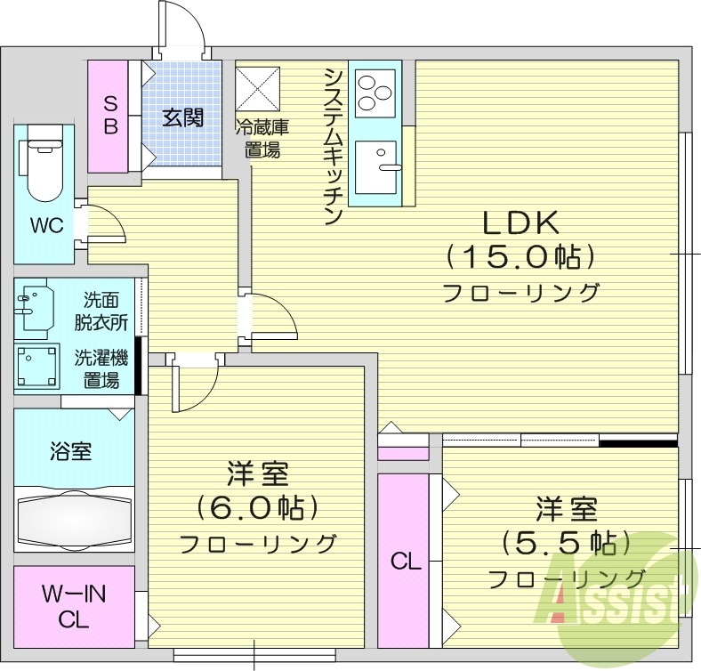 2LDK、エアコン、システムキッチン、TVインターフォン