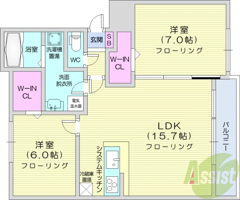 2LDK、対面システムキッチン、ウォークインクローゼット
