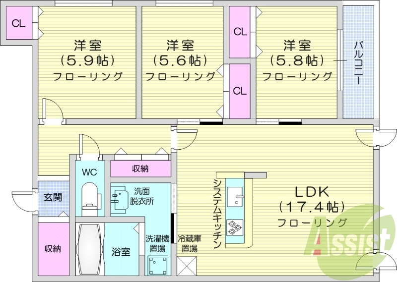 3LDK、エアコン、システムキッチン、追い焚き、浴室乾燥機