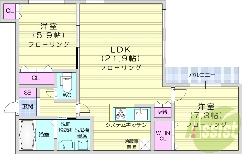 2LDK、エアコン、システムキッチン、追い焚き、浴室乾燥機