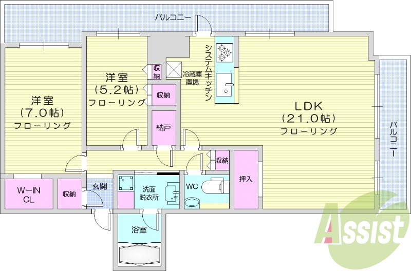 2LDK、エアコン、都市ガス、浴室乾燥機