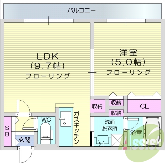 1LDK、クローゼット、エアコン、モニタ付インターホン