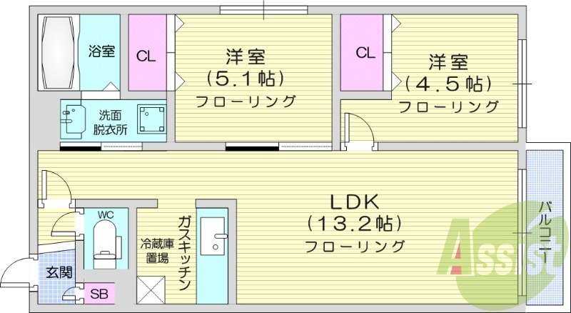 2LDK、角部屋、エアコン、ネット無料、独立洗面台
