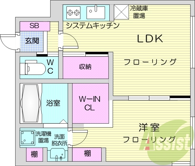 1LDK、エアコン、システムキッチン、ネット無料