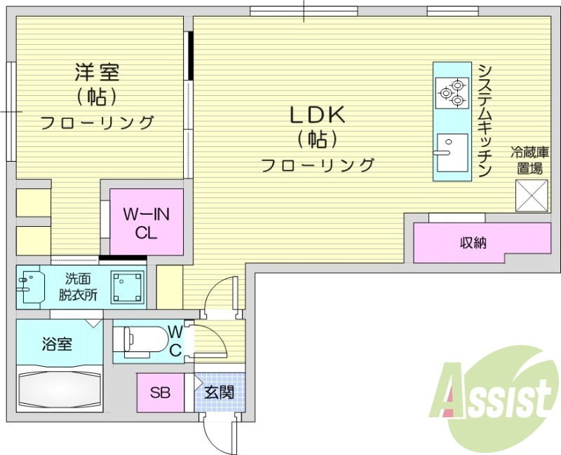 1LDK、エアコン、システムキッチン、ネット無料