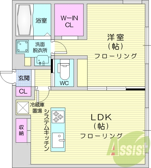 1LDK、エアコン、システムキッチン、ネット無料