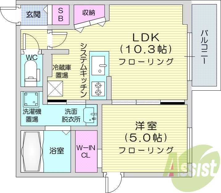 1LDK、都市ガス、エアコン、ネット無料、システムキッチン