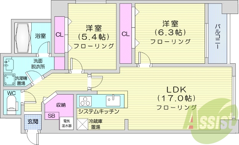 2LDK、オール電化、エアコン、システムキッチン