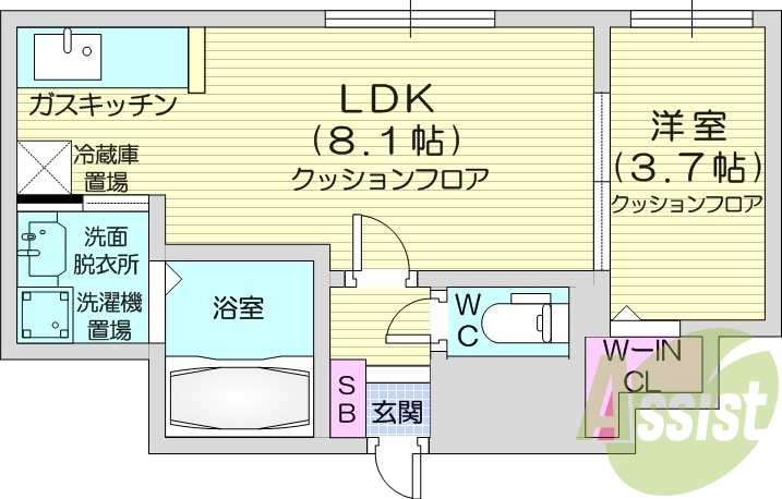 1LDK、ウォークインクローゼット、都市ガス物件、ネット無料