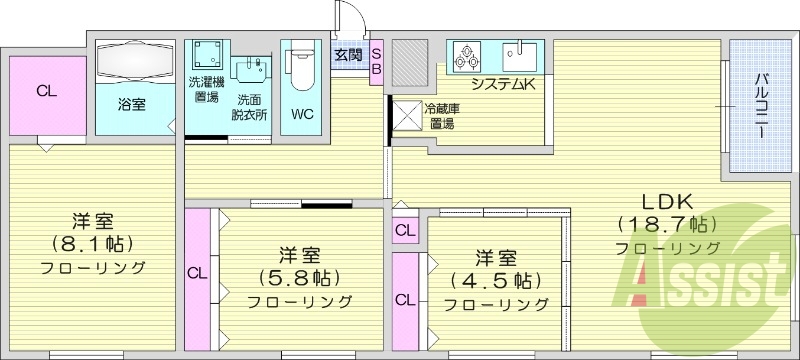 3LDK、都市ガス、エアコン、独立洗面台、システムキッチン