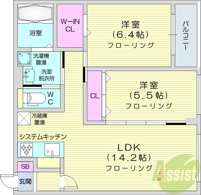 2LDK、エアコン、独立洗面台、システムキッチン、